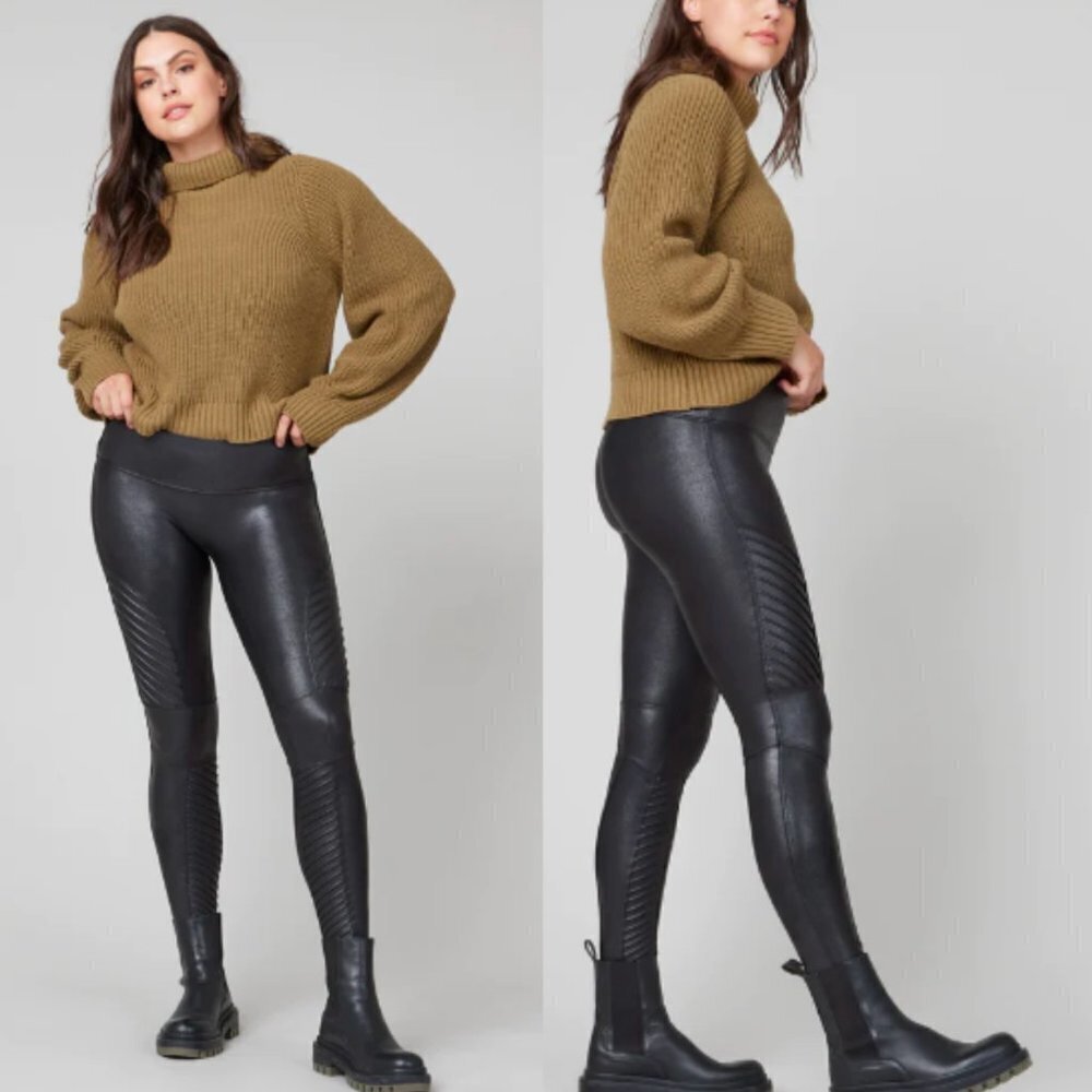 🦋 SPANX Black Faux Leather Moto Leggings Size XS